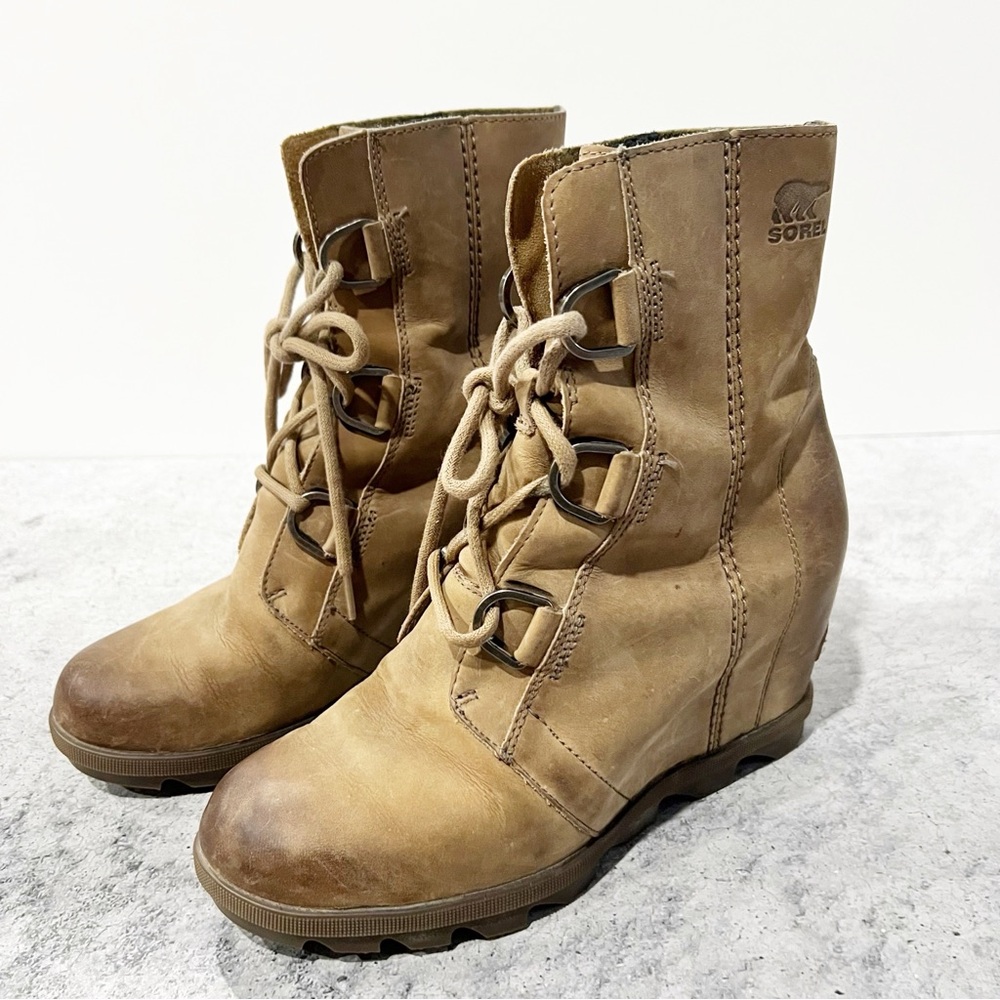 Sorel Joan Of Arctic Wedge Il Camel Leather Lace Up Boots Size 8.5